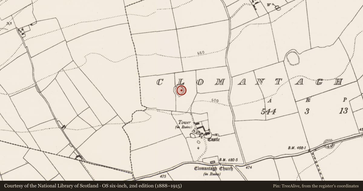 Ordnance Survey six-inch map, 2nd edition (1888–1915) covering the location of Ringfort - rath, Clomantagh Lower, County Kilkenny, with a pin at the register's coordinates