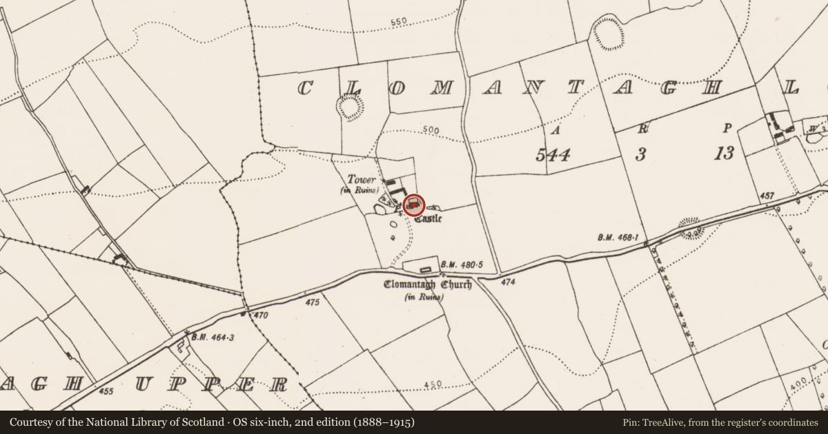Ordnance Survey six-inch map, 2nd edition (1888–1915) covering the location of Castle - tower house, Clomantagh Lower, County Kilkenny, with a pin at the register's coordinates