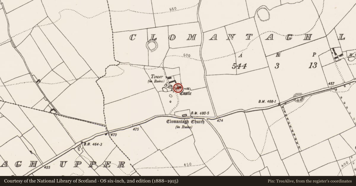 Ordnance Survey six-inch map, 2nd edition (1888–1915) covering the location of Well, Clomantagh Lower, County Kilkenny, with a pin at the register's coordinates
