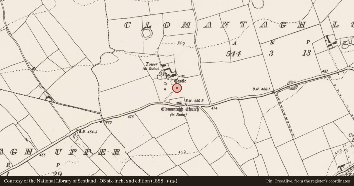 Ordnance Survey six-inch map, 2nd edition (1888–1915) covering the location of Earthwork, Clomantagh Lower, County Kilkenny, with a pin at the register's coordinates