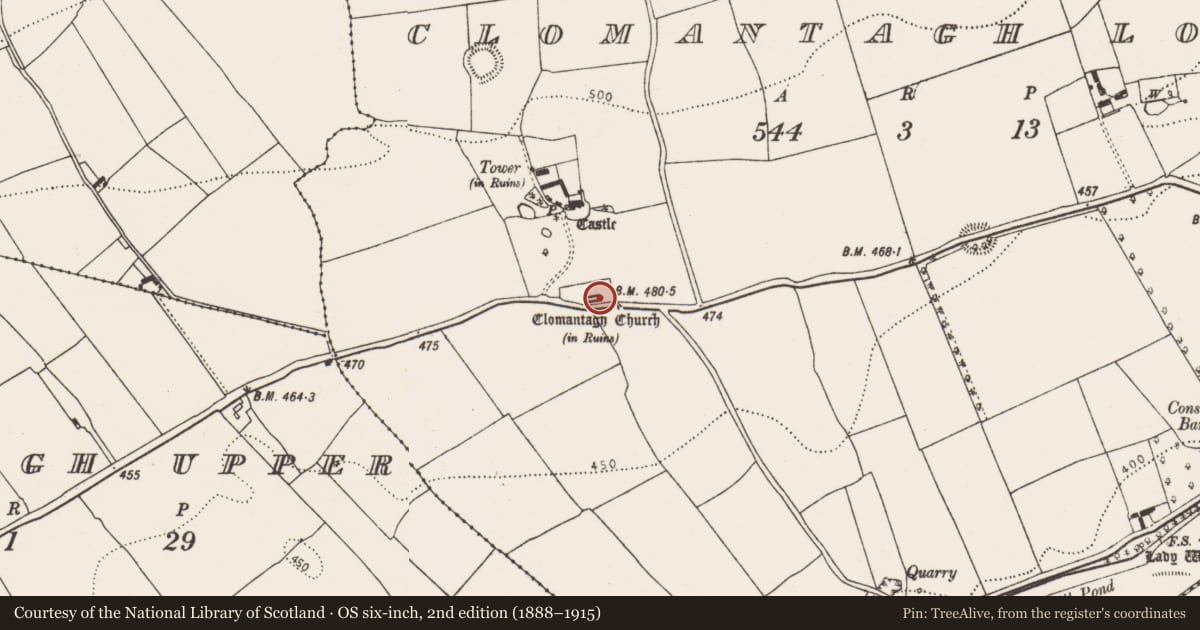 Ordnance Survey six-inch map, 2nd edition (1888–1915) covering the location of Church, Clomantagh Lower, County Kilkenny, with a pin at the register's coordinates