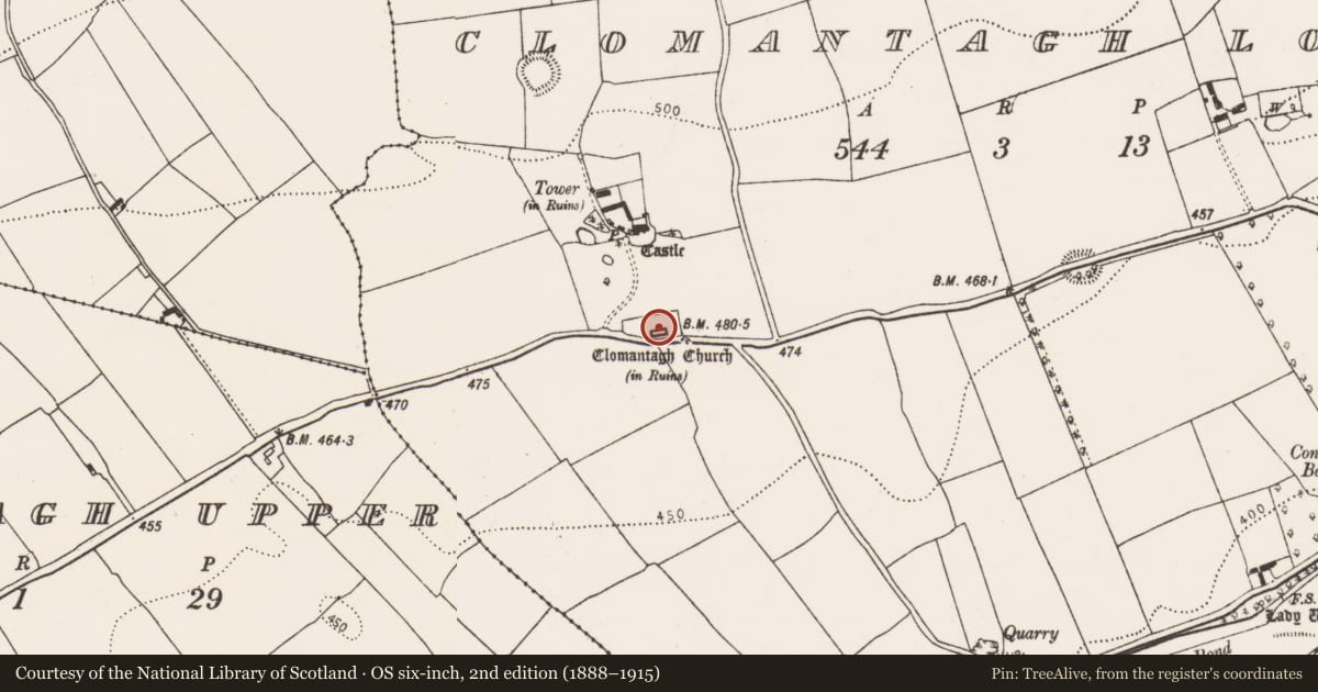 Ordnance Survey six-inch map, 2nd edition (1888–1915) covering the location of Graveyard, Clomantagh Lower, County Kilkenny, with a pin at the register's coordinates