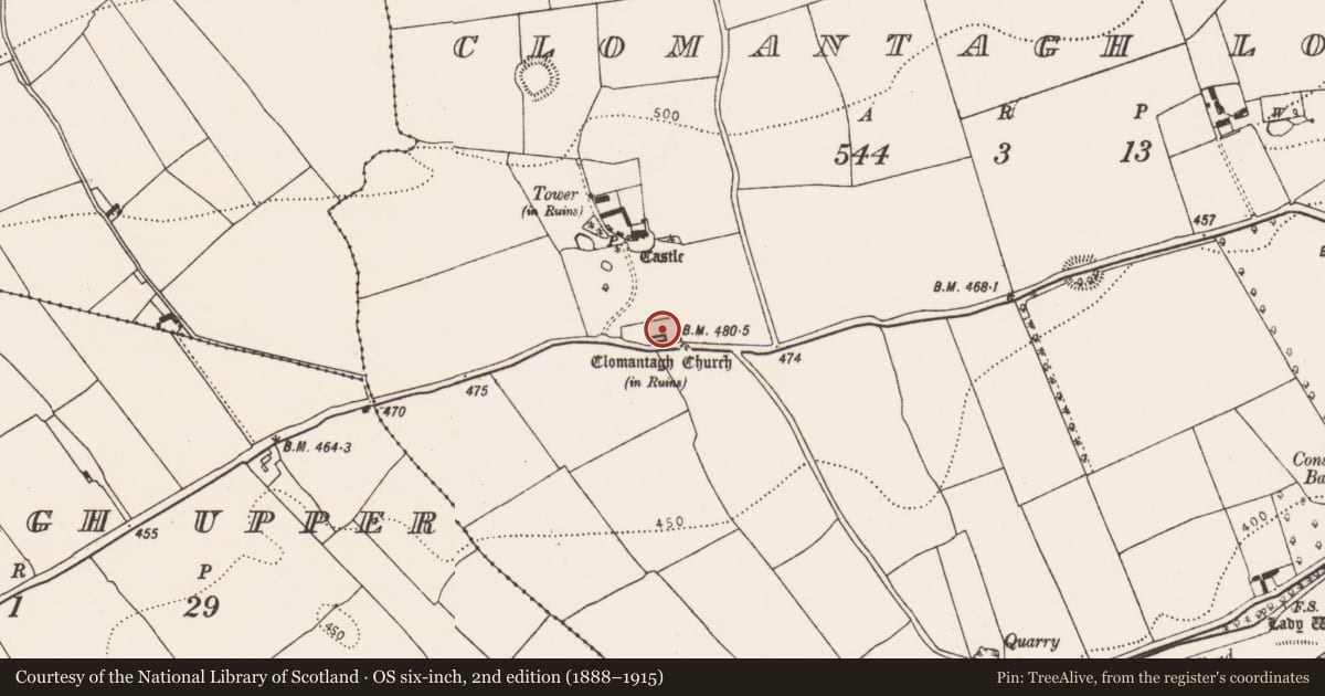 Ordnance Survey six-inch map, 2nd edition (1888–1915) covering the location of Architectural fragment, Clomantagh Lower, County Kilkenny, with a pin at the register's coordinates