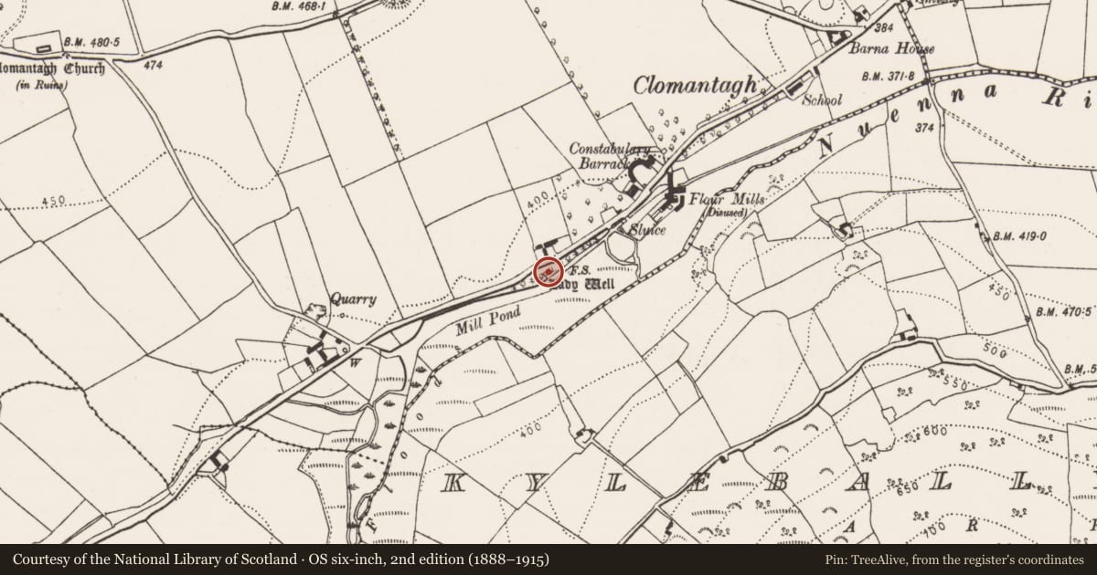 Ordnance Survey six-inch map, 2nd edition (1888–1915) covering the location of Ritual site - holy well, Clomantagh Lower, County Kilkenny, with a pin at the register's coordinates