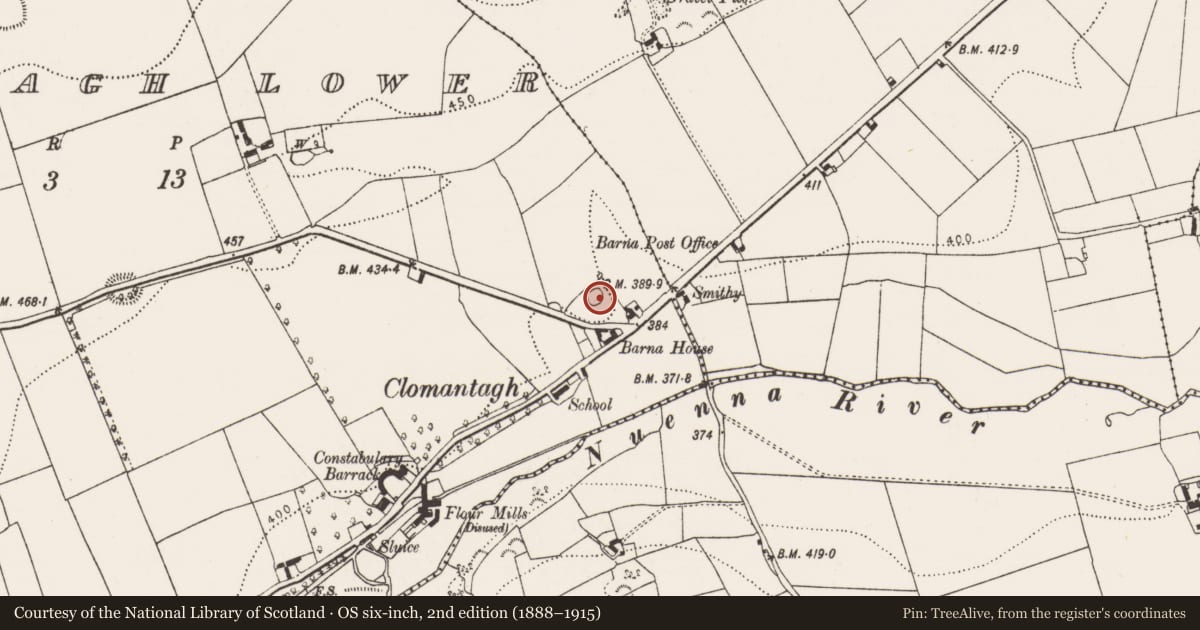 Ordnance Survey six-inch map, 2nd edition (1888–1915) covering the location of Enclosure, Clomantagh Lower, County Kilkenny, with a pin at the register's coordinates