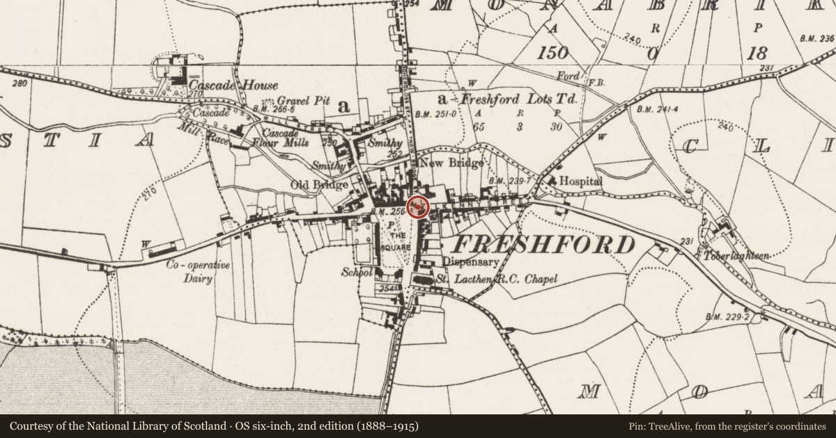 Ordnance Survey six-inch map, 2nd edition (1888–1915) covering the location of Historic town, Freshford Lots, County Kilkenny, with a pin at the register's coordinates