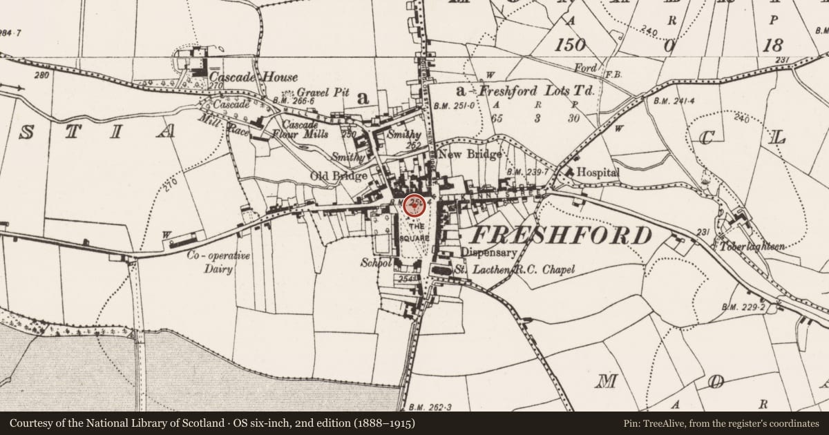 Ordnance Survey six-inch map, 2nd edition (1888–1915) covering the location of Cross - Wayside cross (present location), Freshford Lots, County Kilkenny, with a pin at the register's coordinates