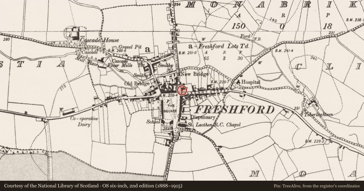 Ordnance Survey six-inch map, 2nd edition (1888–1915) covering the location of Font, Freshford Lots, County Kilkenny, with a pin at the register's coordinates