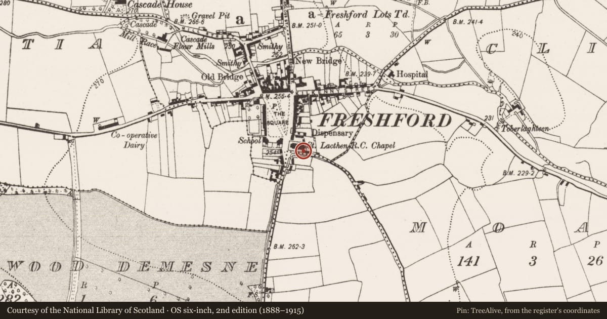 Ordnance Survey six-inch map, 2nd edition (1888–1915) covering the location of Font, Freshford Lots, County Kilkenny, with a pin at the register's coordinates