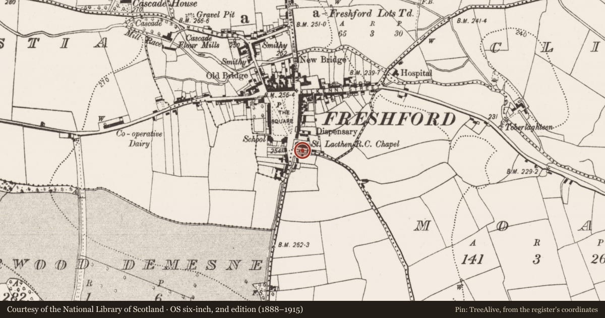 Ordnance Survey six-inch map, 2nd edition (1888–1915) covering the location of Font, Freshford Lots, County Kilkenny, with a pin at the register's coordinates