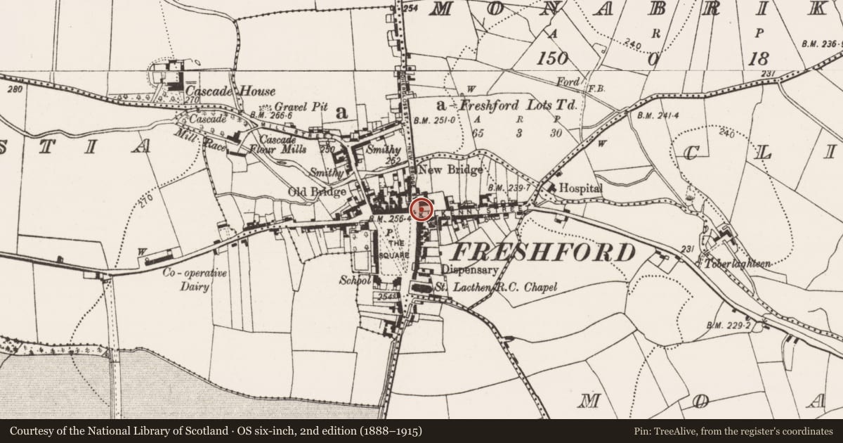 Ordnance Survey six-inch map, 2nd edition (1888–1915) covering the location of Graveslab, Freshford Lots, County Kilkenny, with a pin at the register's coordinates