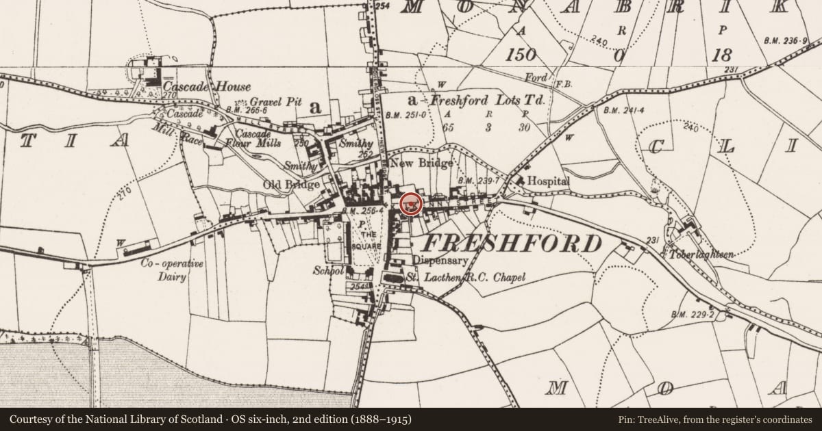 Ordnance Survey six-inch map, 2nd edition (1888–1915) covering the location of Graveslab, Freshford Lots, County Kilkenny, with a pin at the register's coordinates