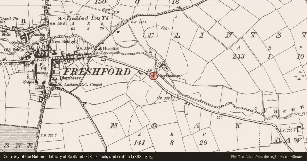 Ordnance Survey six-inch map, 2nd edition (1888–1915) covering the location of Ritual site - holy well, Moat, County Kilkenny, with a pin at the register's coordinates