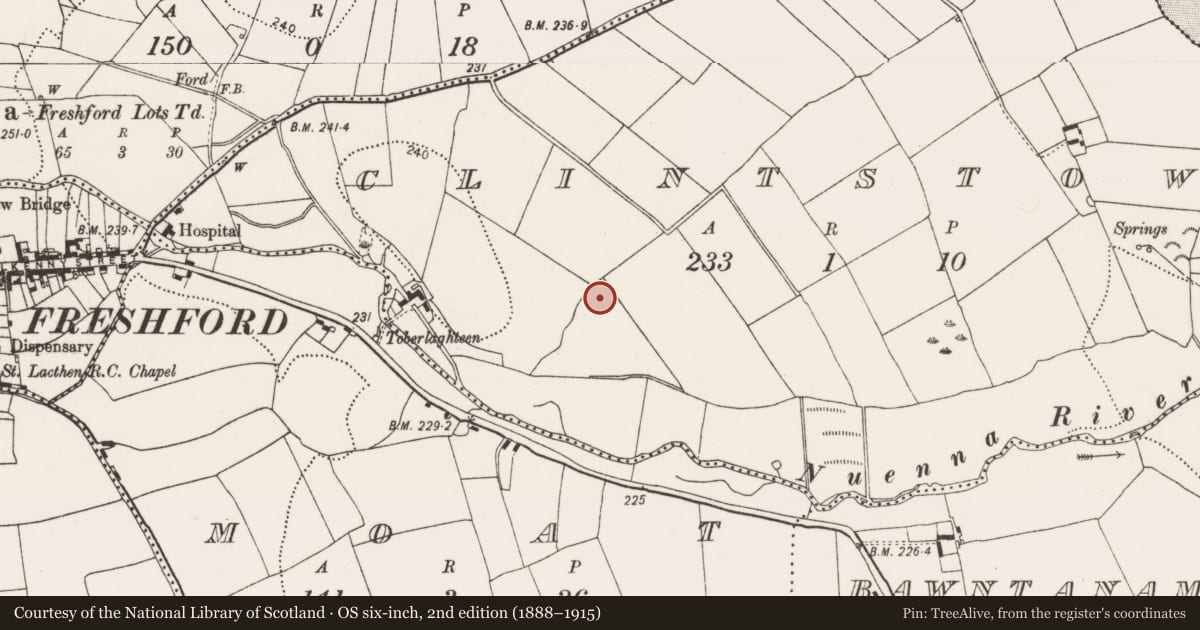 Ordnance Survey six-inch map, 2nd edition (1888–1915) covering the location of Ring-ditch, Clintstown, County Kilkenny, with a pin at the register's coordinates