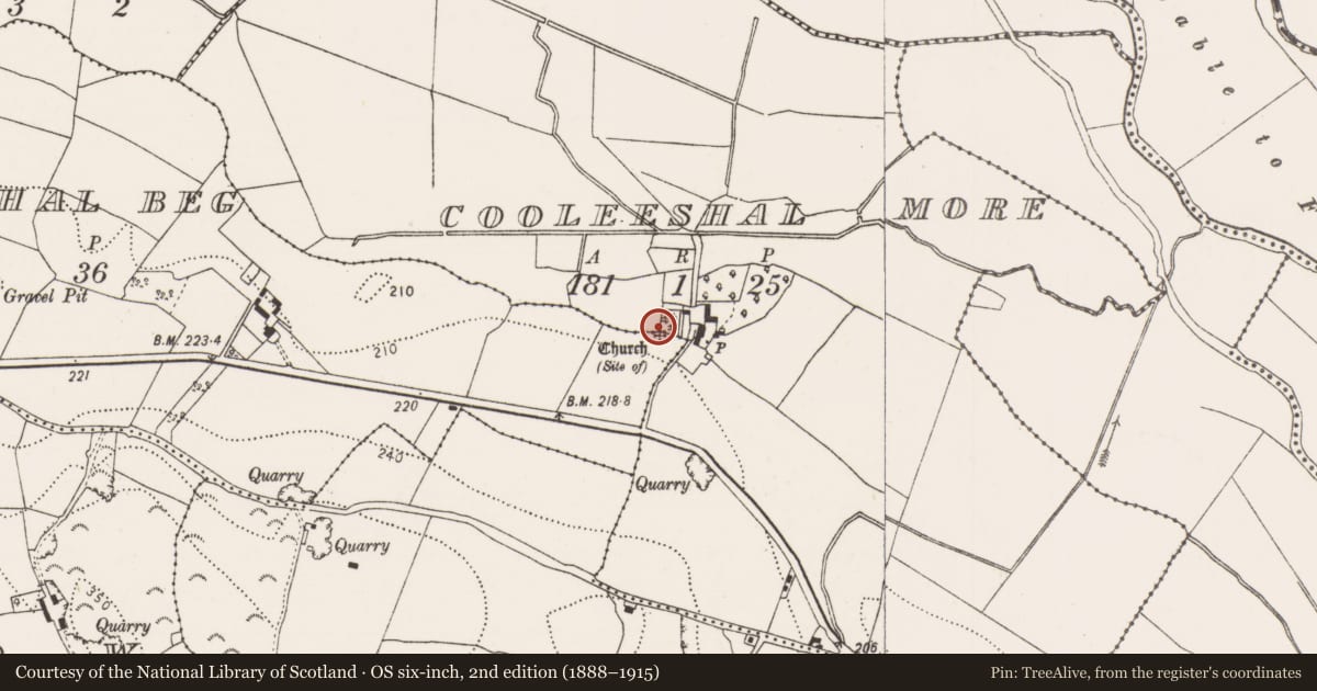 Ordnance Survey six-inch map, 2nd edition (1888–1915) covering the location of Church, Cooleeshal Beg, County Kilkenny, with a pin at the register's coordinates