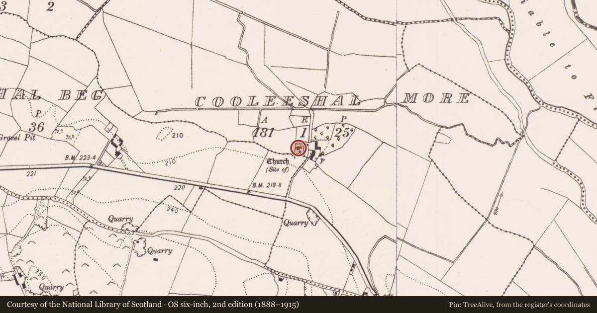 Ordnance Survey six-inch map, 2nd edition (1888–1915) covering the location of Graveyard, Cooleeshal Beg, County Kilkenny, with a pin at the register's coordinates