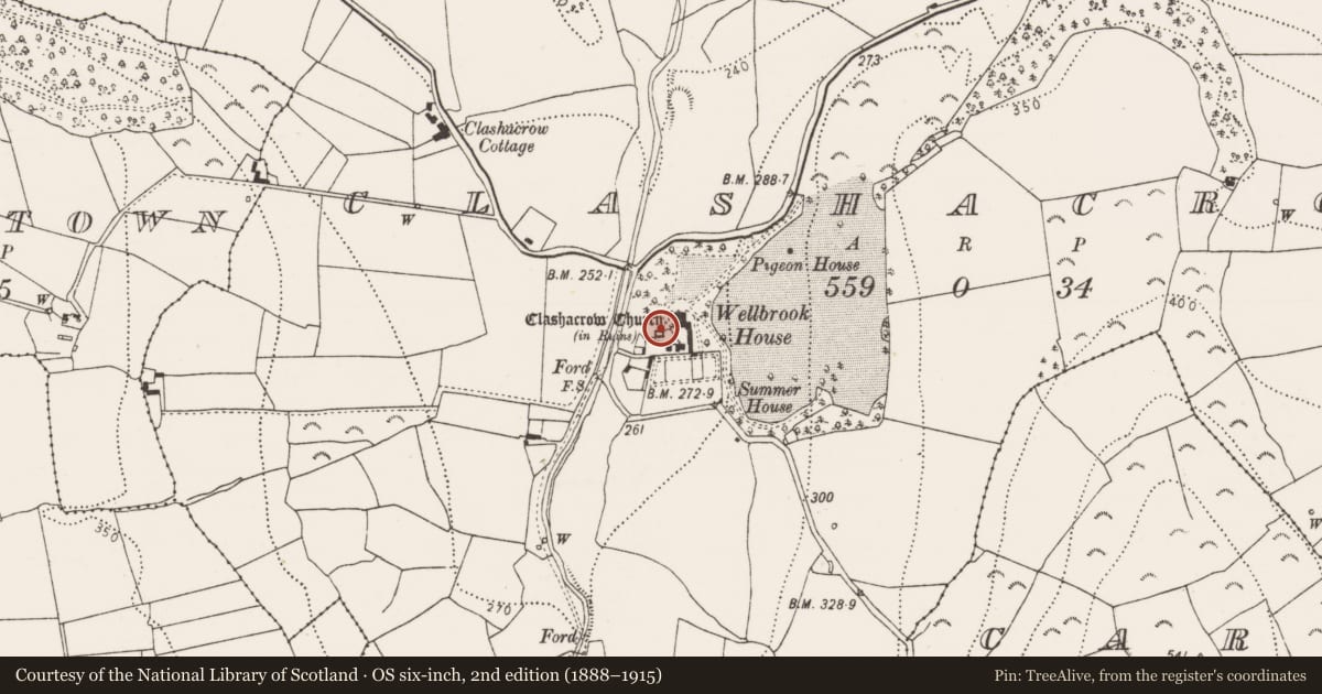 Ordnance Survey six-inch map, 2nd edition (1888–1915) covering the location of Church, Clashacrow, County Kilkenny, with a pin at the register's coordinates