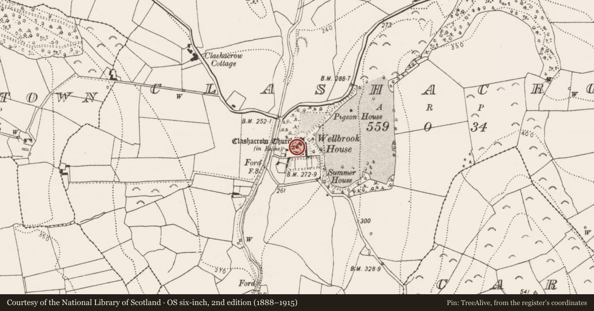 Ordnance Survey six-inch map, 2nd edition (1888–1915) covering the location of Graveyard, Clashacrow, County Kilkenny, with a pin at the register's coordinates