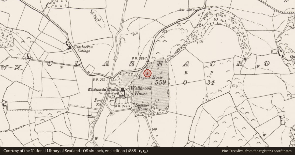 Ordnance Survey six-inch map, 2nd edition (1888–1915) covering the location of Dovecote, Clashacrow, County Kilkenny, with a pin at the register's coordinates