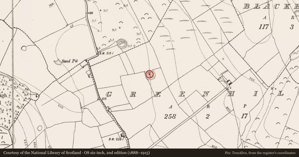 Ordnance Survey six-inch map, 2nd edition (1888–1915) covering the location of Enclosure, Greenhill, County Kilkenny, with a pin at the register's coordinates