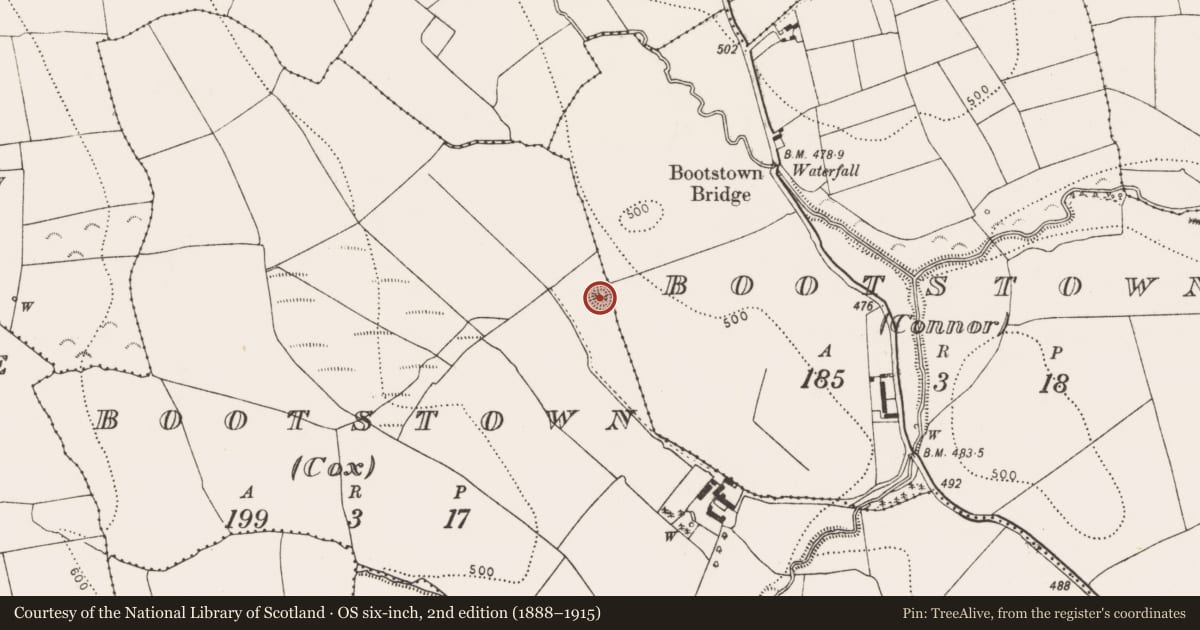 Ordnance Survey six-inch map, 2nd edition (1888–1915) covering the location of Barrow - stepped barrow, Bootstown (Cox), County Kilkenny, with a pin at the register's coordinates