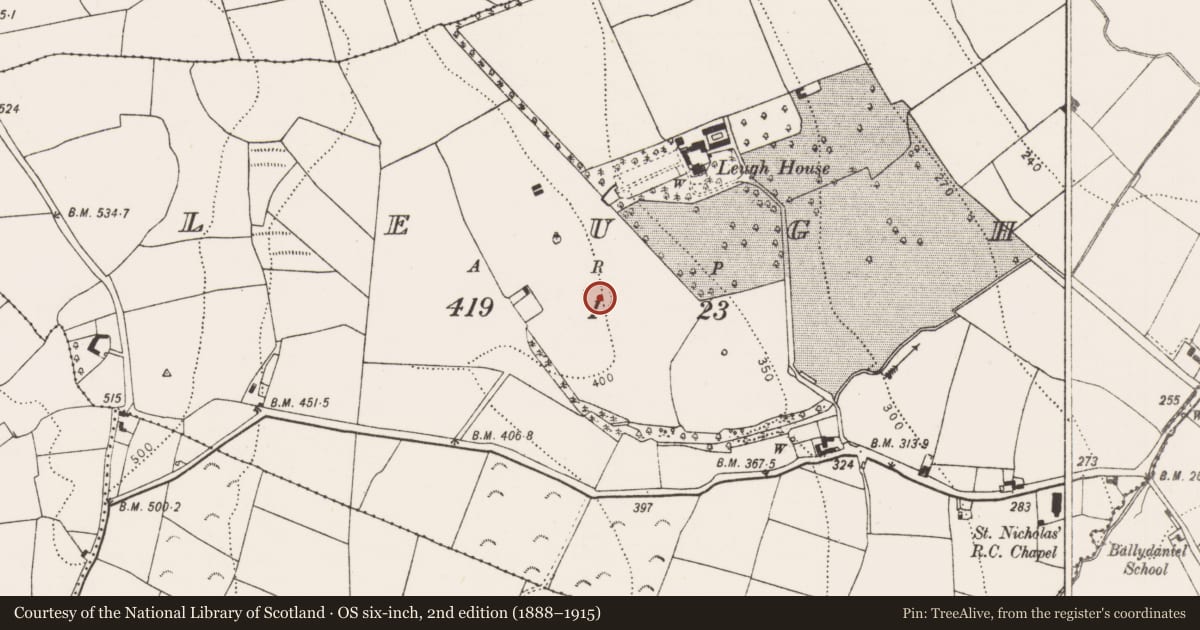 Ordnance Survey six-inch map, 2nd edition (1888–1915) covering the location of Enclosure, Leugh, County Kilkenny, with a pin at the register's coordinates