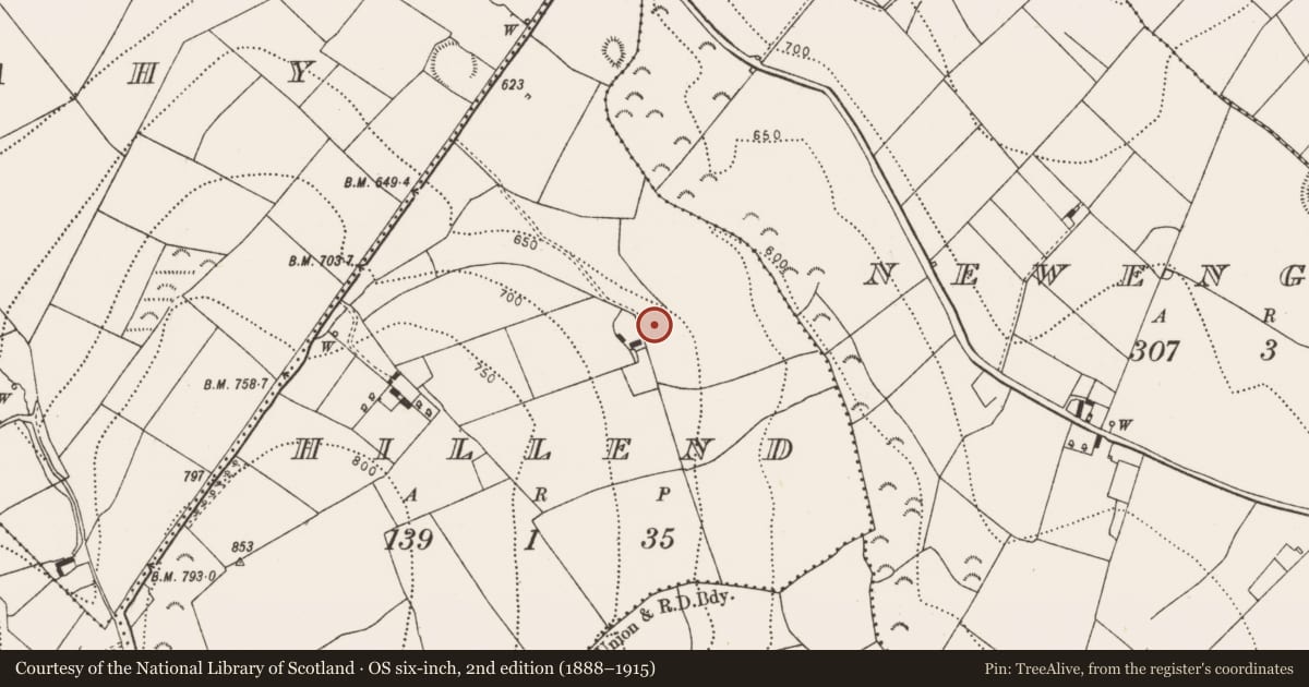 Ordnance Survey six-inch map, 2nd edition (1888–1915) covering the location of Enclosure, Hillend, County Kilkenny, with a pin at the register's coordinates