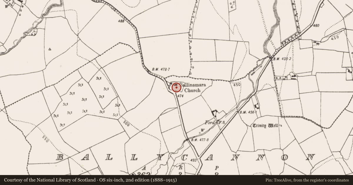 Ordnance Survey six-inch map, 2nd edition (1888–1915) covering the location of Graveyard, Ballycannon, County Kilkenny, with a pin at the register's coordinates