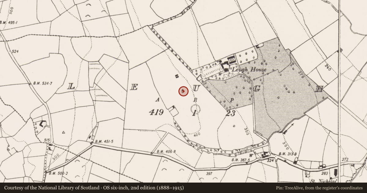 Ordnance Survey six-inch map, 2nd edition (1888–1915) covering the location of Designed landscape - tree-ring, Leugh, County Kilkenny, with a pin at the register's coordinates