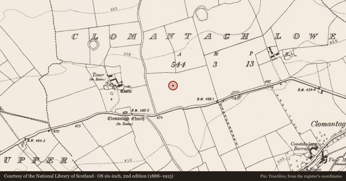 Ordnance Survey six-inch map, 2nd edition (1888–1915) covering the location of Enclosure, Clomantagh Lower, County Kilkenny, with a pin at the register's coordinates