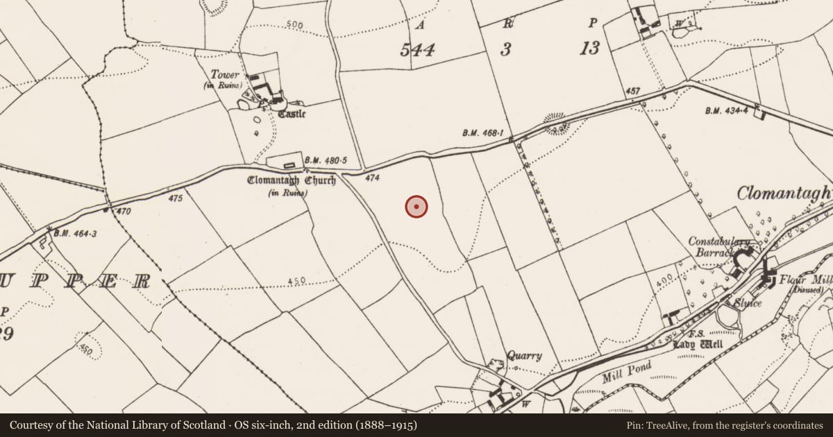 Ordnance Survey six-inch map, 2nd edition (1888–1915) covering the location of Enclosure, Clomantagh Lower, County Kilkenny, with a pin at the register's coordinates