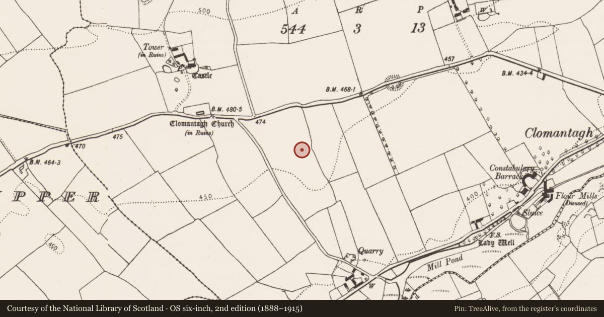 Ordnance Survey six-inch map, 2nd edition (1888–1915) covering the location of Ring-ditch, Clomantagh Lower, County Kilkenny, with a pin at the register's coordinates