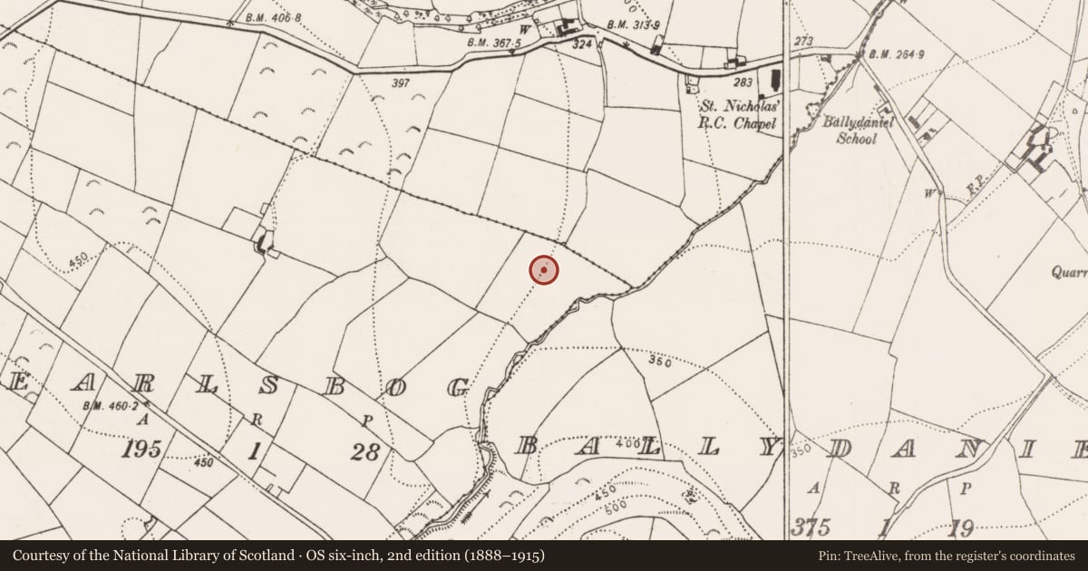 Ordnance Survey six-inch map, 2nd edition (1888–1915) covering the location of Enclosure, Earlsbog, County Kilkenny, with a pin at the register's coordinates