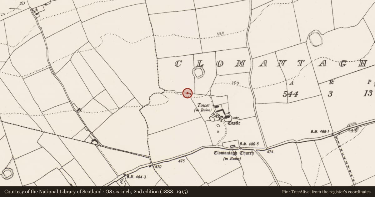 Ordnance Survey six-inch map, 2nd edition (1888–1915) covering the location of Enclosure, Clomantagh Lower, County Kilkenny, with a pin at the register's coordinates