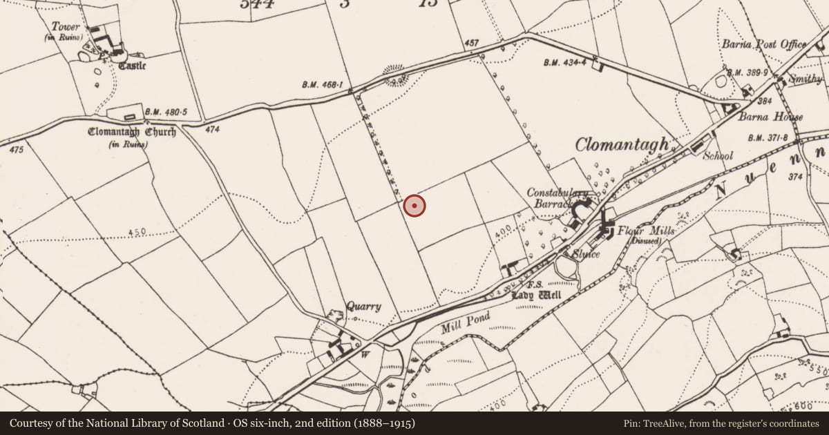 Ordnance Survey six-inch map, 2nd edition (1888–1915) covering the location of Ring-ditch, Clomantagh Lower, County Kilkenny, with a pin at the register's coordinates