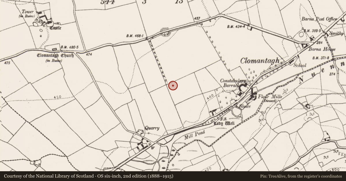 Ordnance Survey six-inch map, 2nd edition (1888–1915) covering the location of Ring-ditch, Clomantagh Lower, County Kilkenny, with a pin at the register's coordinates