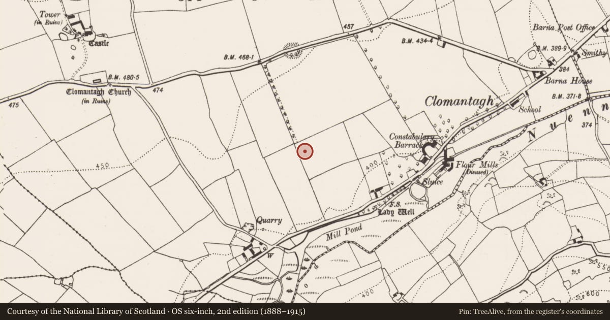 Ordnance Survey six-inch map, 2nd edition (1888–1915) covering the location of Enclosure, Clomantagh Lower, County Kilkenny, with a pin at the register's coordinates