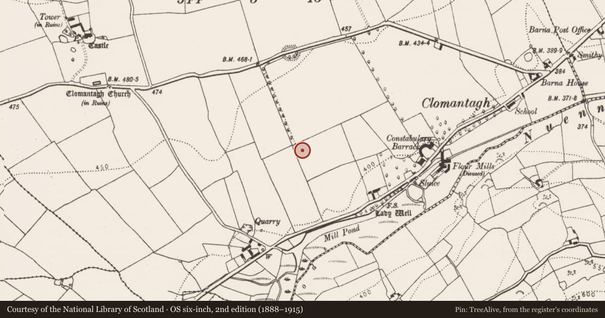 Ordnance Survey six-inch map, 2nd edition (1888–1915) covering the location of Ring-ditch, Clomantagh Lower, County Kilkenny, with a pin at the register's coordinates