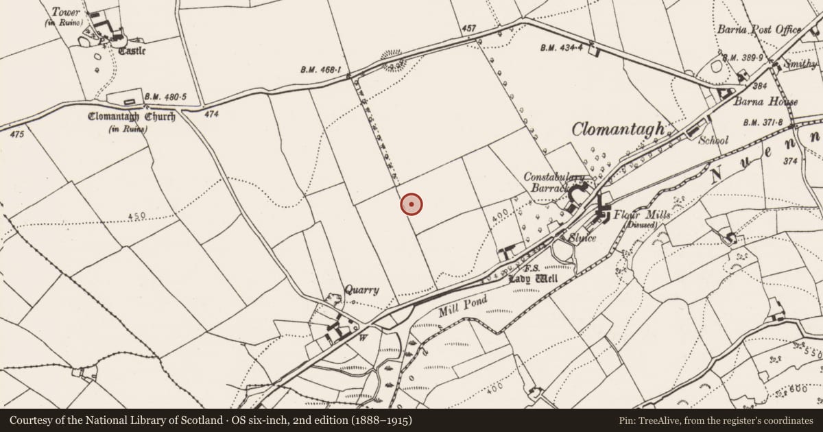 Ordnance Survey six-inch map, 2nd edition (1888–1915) covering the location of Ring-ditch, Clomantagh Lower, County Kilkenny, with a pin at the register's coordinates