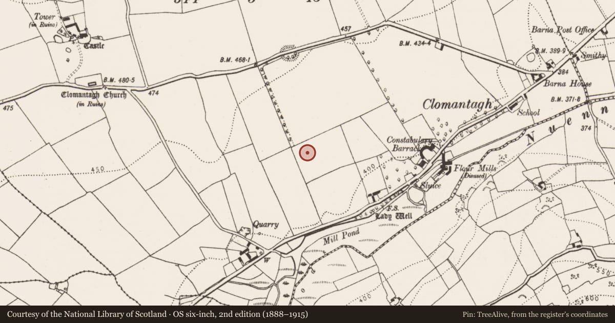 Ordnance Survey six-inch map, 2nd edition (1888–1915) covering the location of Ring-ditch, Clomantagh Lower, County Kilkenny, with a pin at the register's coordinates