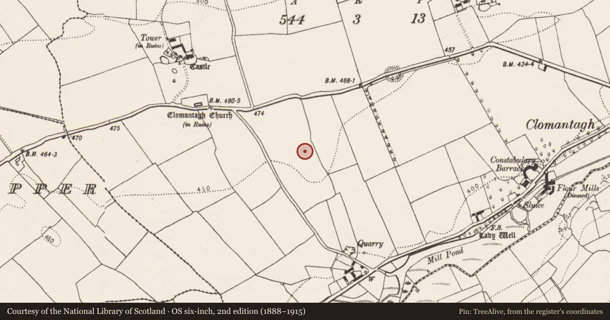Ordnance Survey six-inch map, 2nd edition (1888–1915) covering the location of Ring-ditch, Clomantagh Lower, County Kilkenny, with a pin at the register's coordinates
