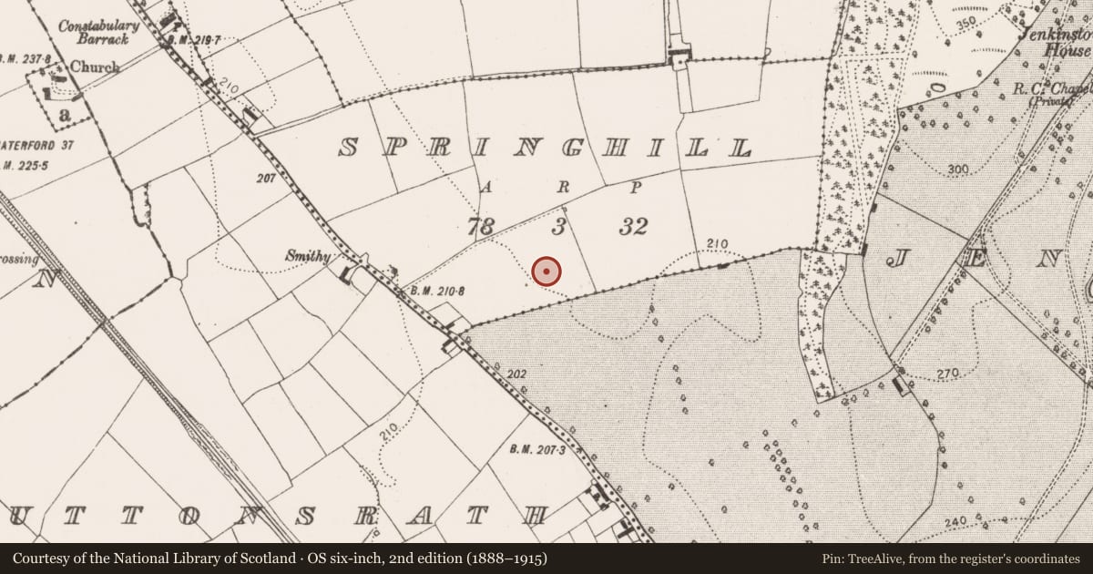 Ordnance Survey six-inch map, 2nd edition (1888–1915) covering the location of Enclosure, Springhill, County Kilkenny, with a pin at the register's coordinates