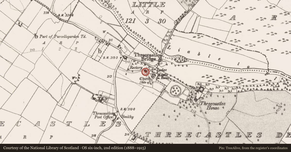 Ordnance Survey six-inch map, 2nd edition (1888–1915) covering the location of Castle - unclassified, Threecastles, County Kilkenny, with a pin at the register's coordinates