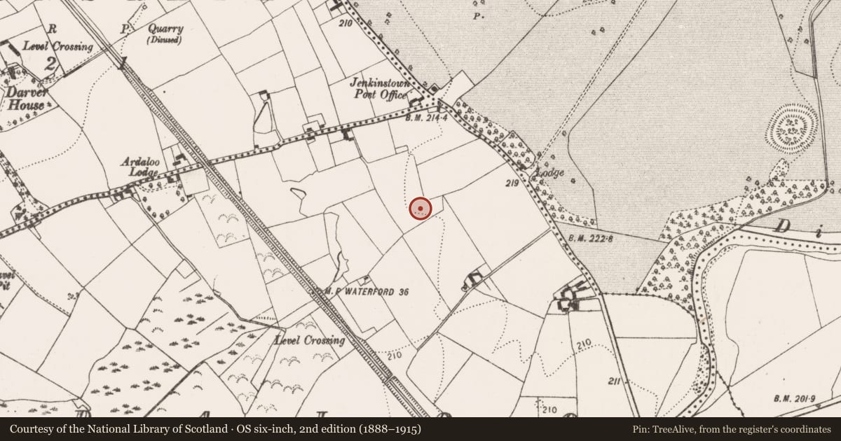 Ordnance Survey six-inch map, 2nd edition (1888–1915) covering the location of Enclosure, Ardaloo, County Kilkenny, with a pin at the register's coordinates