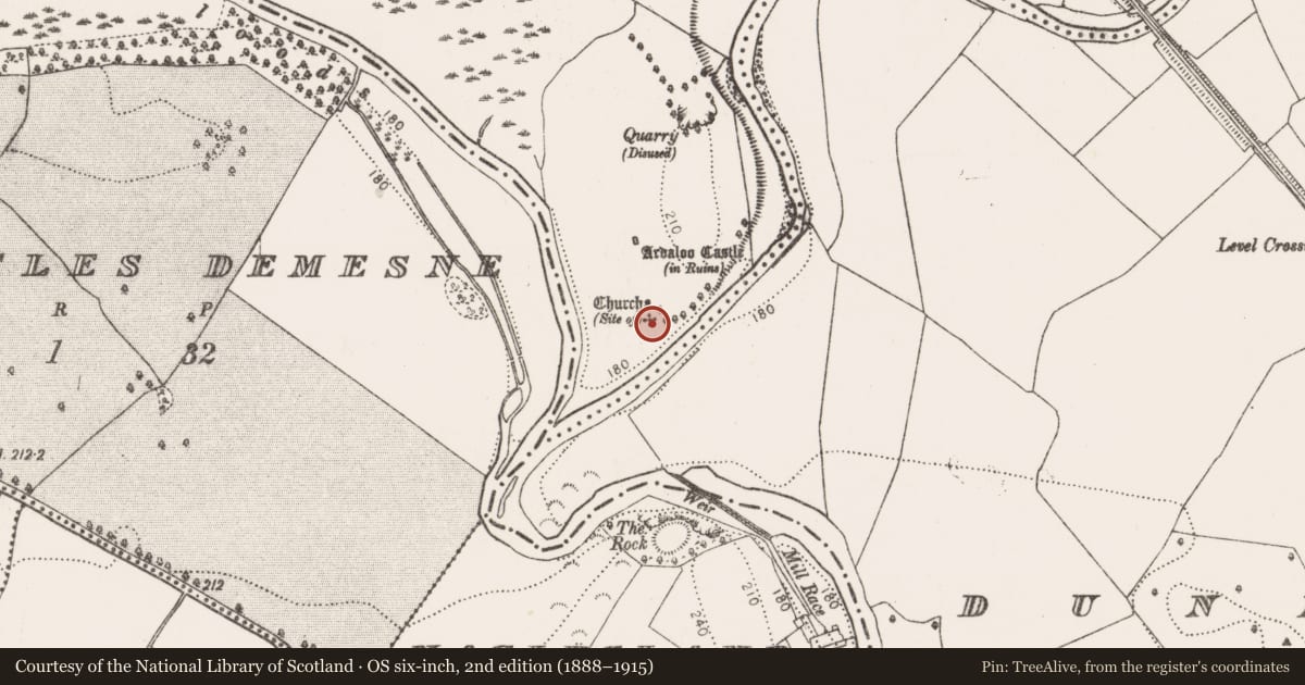 Ordnance Survey six-inch map, 2nd edition (1888–1915) covering the location of Church, Ardaloo, County Kilkenny, with a pin at the register's coordinates