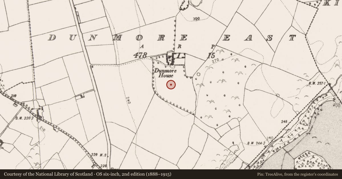 Ordnance Survey six-inch map, 2nd edition (1888–1915) covering the location of Enclosure - large enclosure, Dunmore East, County Kilkenny, with a pin at the register's coordinates
