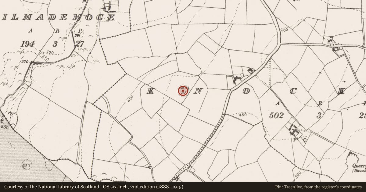 Ordnance Survey six-inch map, 2nd edition (1888–1915) covering the location of Enclosure, Knocknew, County Kilkenny, with a pin at the register's coordinates