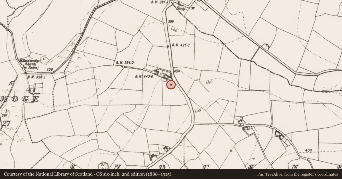 Ordnance Survey six-inch map, 2nd edition (1888–1915) covering the location of Enclosure, Knocknew, County Kilkenny, with a pin at the register's coordinates