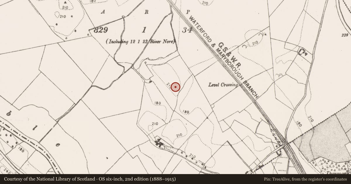 Ordnance Survey six-inch map, 2nd edition (1888–1915) covering the location of Enclosure, Dunmore West, County Kilkenny, with a pin at the register's coordinates