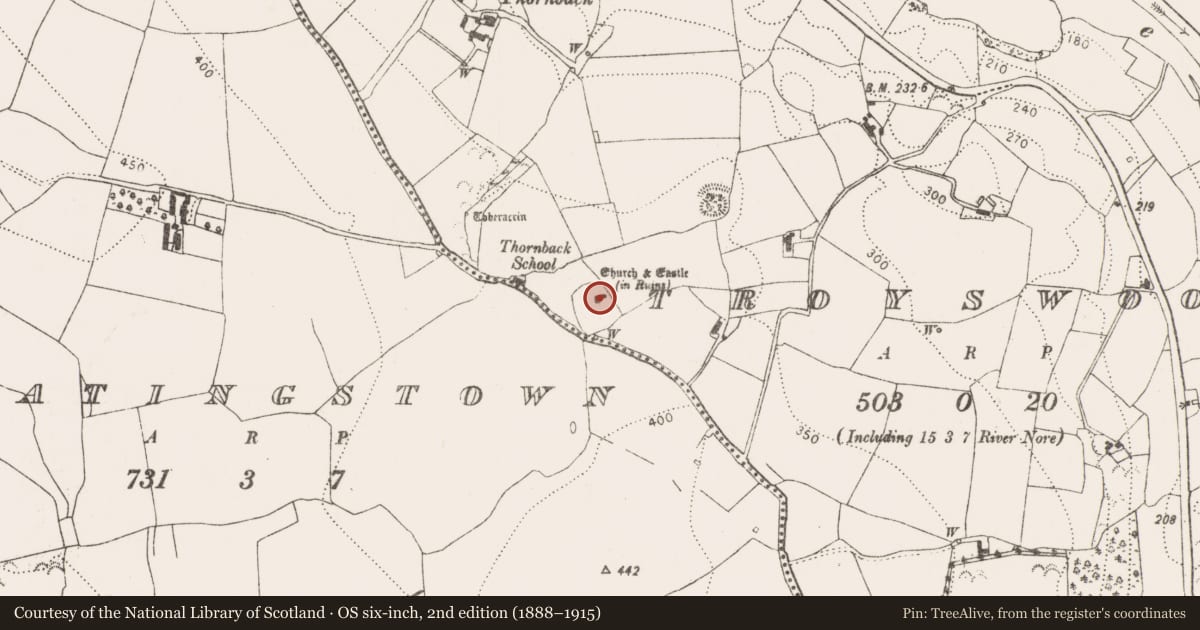 Ordnance Survey six-inch map, 2nd edition (1888–1915) covering the location of Church, Troyswood, County Kilkenny, with a pin at the register's coordinates